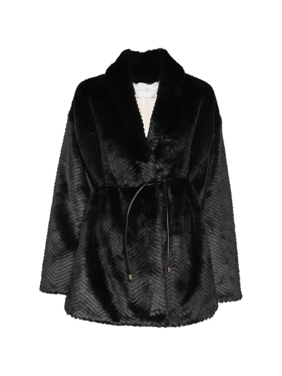 Forte Forte Chevron-patterned Belted Coat In Black