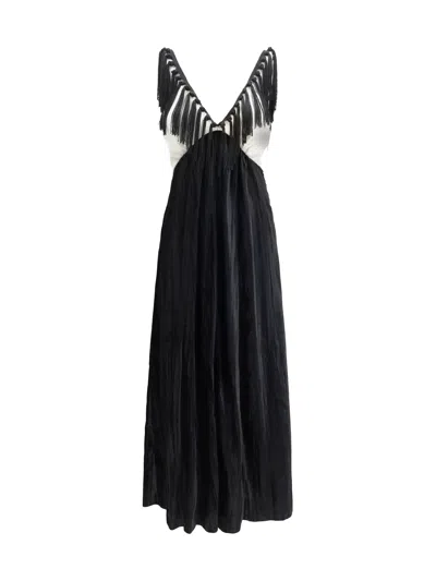 Forte Forte Color-block Velvet Long Dress With Fringes In Animal Print