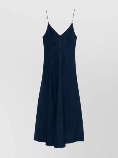 FORTE FORTE COTTON DENIM MIDI DRESS WITH FRAYED EDGE