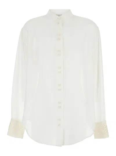 FORTE FORTE WHITE SHIRT WITH PEARLS DETAILS IN COTTON AND SILK WOMAN