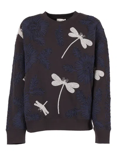 FORTE FORTE CREWNECK COTTON SWEATSHIRT WITH VOILA UNE FLEUR EMBROIDERY
