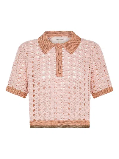 Forte Forte Cropped Polo Shirt In Crochetwork In Pink