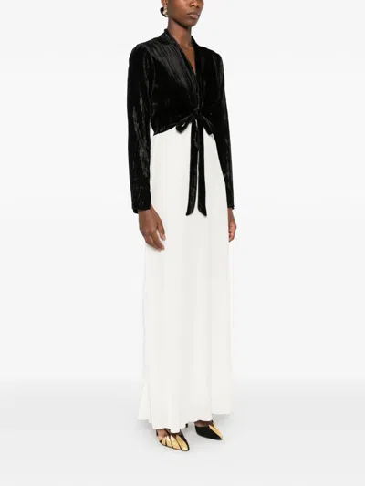 Forte Forte Two-tone Crushed-velvet V-neck Long-sleeve Flared Long Dress In White