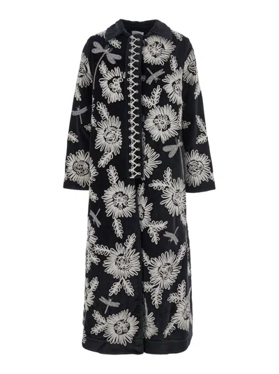 FORTE FORTE BLACK AND WHITE COAT WITH ALL-OVER EMBROIDERY IN COTTON WOMAN