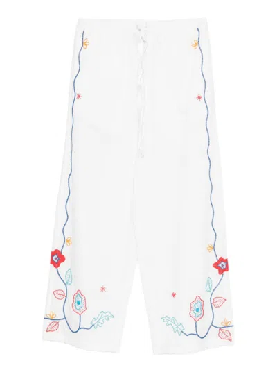 Forte Forte White Cotton Trousers With Colourful Floral Embroidery