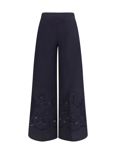 Forte Forte Embroidered Floral Cotton Trousers In Navy