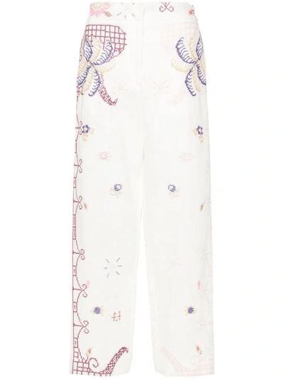 Forte Forte Embroidered Linen Trousers In White,multi