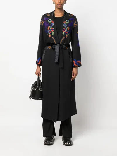 Forte Forte Embroidered Tied-waist Virgin-wool Coat In Black