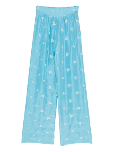 Forte Forte Silk Trousers Floral Embroidery Wide Leg In Blue