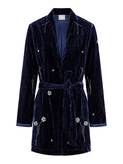 Forte Forte Embroidered Velvet Kimono With Belt In Blue