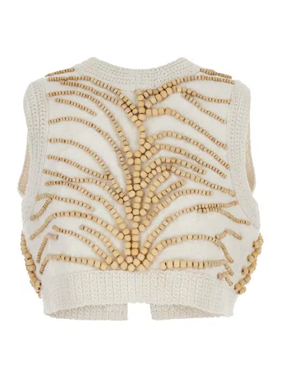 FORTE FORTE WHITE VEST WITH EMBROIDERY AND BEADS IN COTTON WOMAN