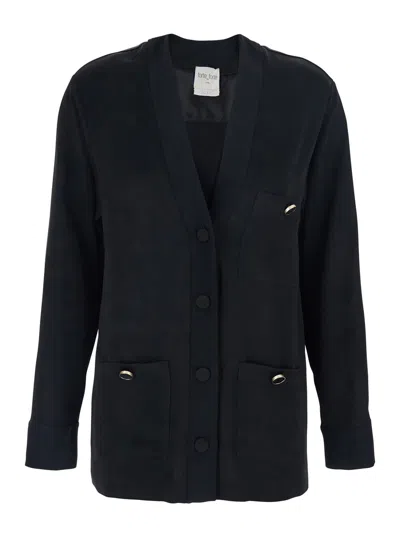 FORTE FORTE BLACK V-NECK CARDIGAN WITH PATCH POCKETS IN FABRIC WOMAN