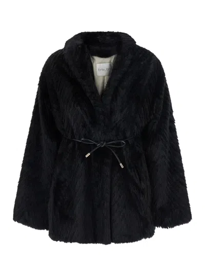 Forte Forte Faux Leather Belted Chevron Jacquard Jacket With Classic Collar And Side Pockets In Black