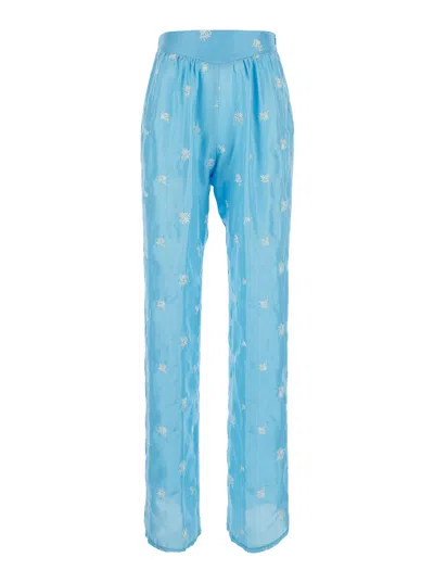 Forte Forte Floral Embroidered Silk Trousers In Blue