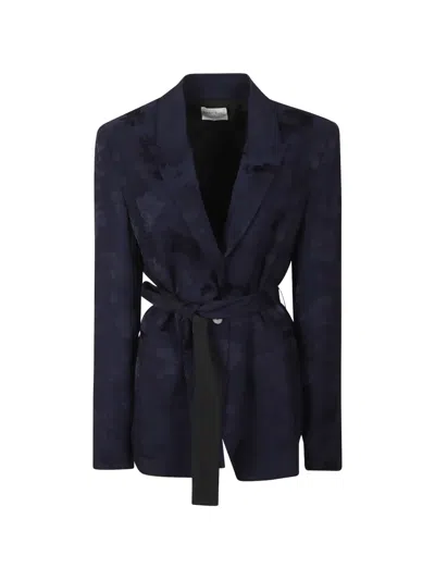 Forte Forte Belted Blazer Floral Pattern Long Sleeves Lapels In Black