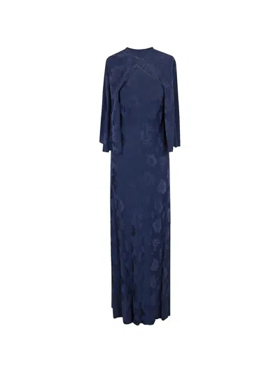 Forte Forte Fluid Bouquet Jacquard Bias Dress With Cape In Blue