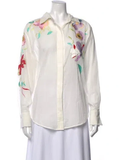 Pre-owned Forte Forte Floral Print Long Sleeve Button-up Top In White