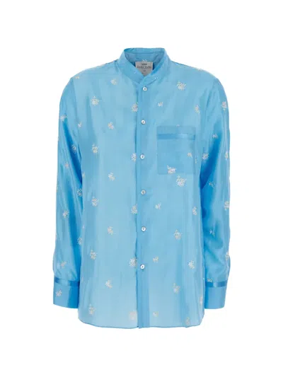 Forte Forte Silk Shirt Floral Embroidery Long Sleeves Pocket In Blue