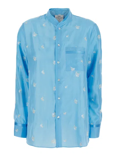 Forte Forte Floral-embroidered Silk Shirt In Blue