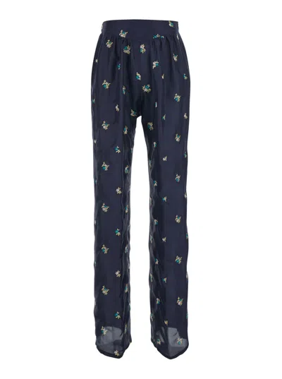 Forte Forte Floral-embroidered Silk Trousers In Navy