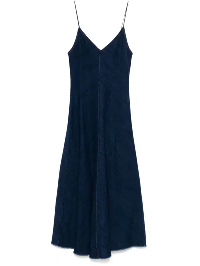 Forte Forte Cotton Denim Midi Dress With Frayed Edge In Blue