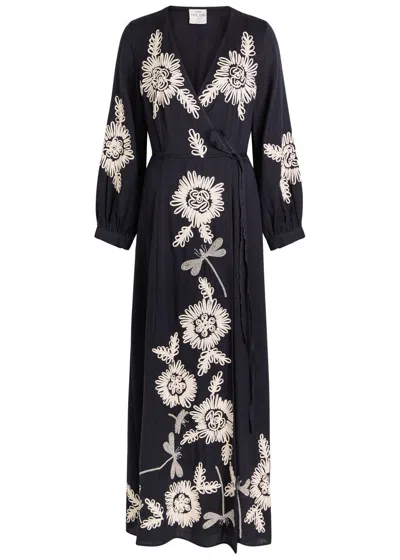 Forte Forte Forte_forte Embroidered Cotton And Wool-blend Maxi Wrap Dress In Blue