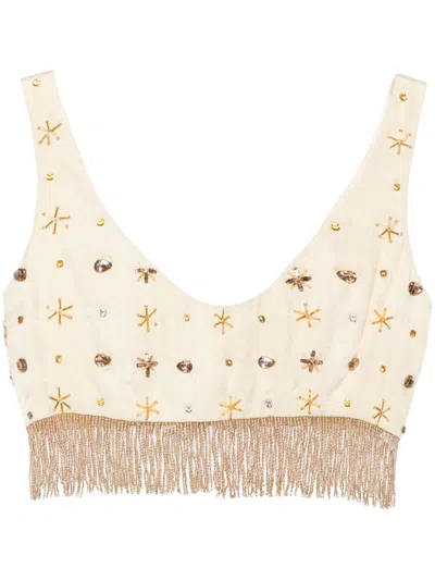 Forte Forte Fringed Bead-embellished Crop Top In Neutrals