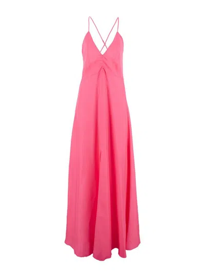 FORTE FORTE FUCHSIA SLEEVELESS LONG DRESS WITH CRISS-CROSSED SPAGHETTI STRAPS AND REAR BUTTON CLOSURE IN TECH FA