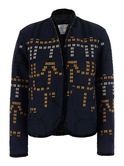 Forte Forte Geometric Beaded Embroidered Cotton Jacket With V-neck And Welt Pockets In Blue