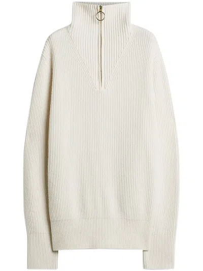 Forte Forte High Collar Ribbed Knit Sweater With Circular Zipper Pull In White