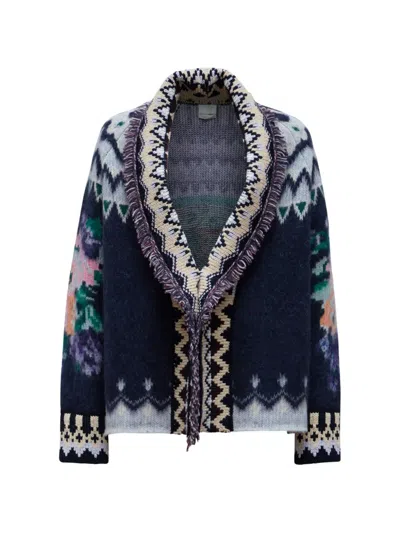 Forte Forte Highlands Garden Floral-intarsia Fringed Cardigan In Blue
