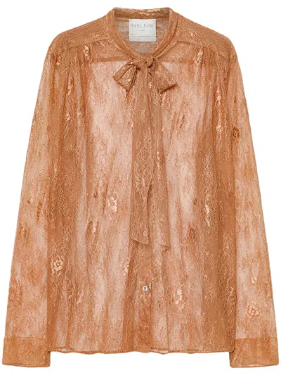 Forte Forte Lace Floral High-neck Bow Blouse In Burgundy