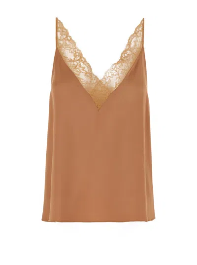 Forte Forte Lace V-neck Sleeveless Top With Spaghetti Straps In Brown
