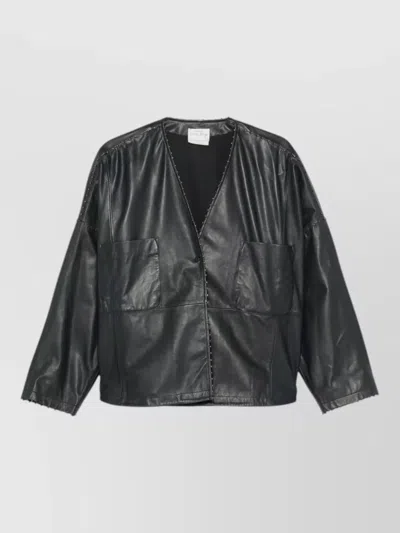 Forte Forte Leather Kimono Jacket V Neck Patch Pockets In Black