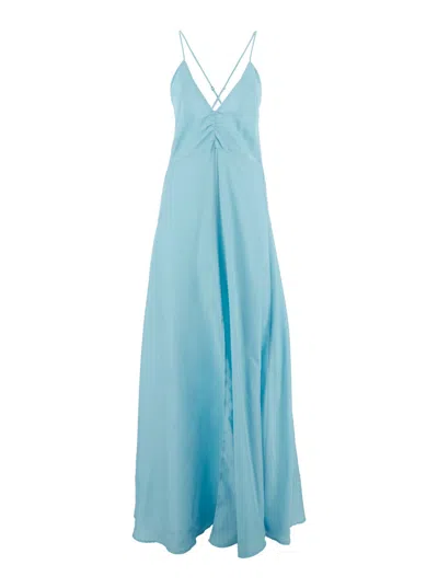 Forte Forte Light Blue Sleeveless Long Dress With Criss-crossed Spaghetti Straps And Rear Button Closure In Tech