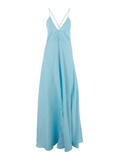 FORTE FORTE LIGHT BLUE SLEEVELESS LONG DRESS WITH CRISS-CROSSED SPAGHETTI STRAPS AND REAR BUTTON CLOSURE IN TECH