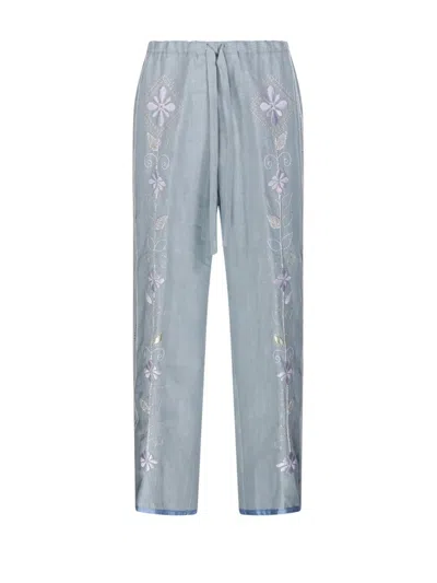 FORTE FORTE LINEN DRAWSTRING PANTS WITH FLORAL EMBROIDERY