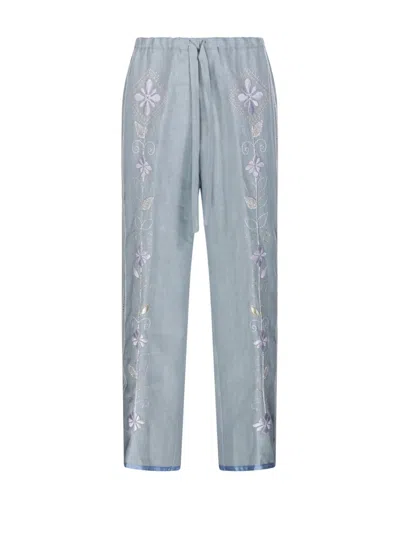 Forte Forte Linen Drawstring Pants With Floral Embroidery And Relaxed Fit In Grey