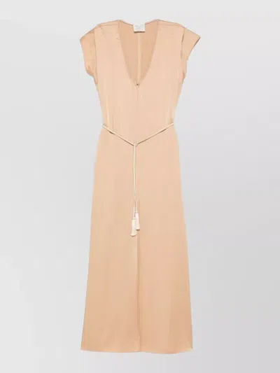 Forte Forte Long Dress Belted Waist Cap Sleeves In Neutral
