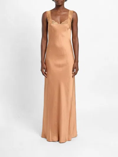 Forte Forte Long Satin Slip Dress With Lace Inserts In Neutral