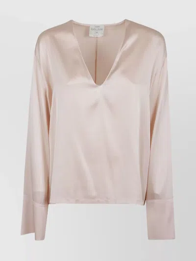 Forte Forte Long Sleeve Silk Satin V-neck Top In Pink