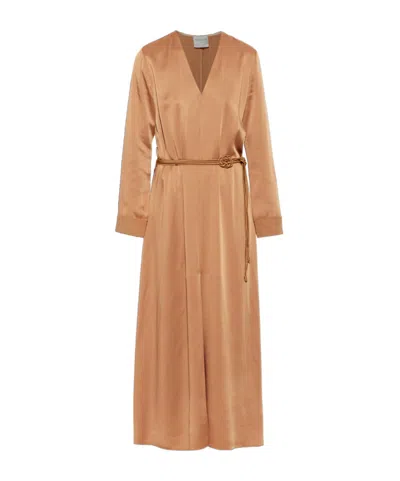 Forte Forte Belted Satin-finish Maxi Dress In Brown