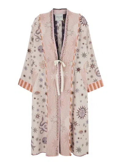 FORTE FORTE PINK ROBE COAT WITH LOVE ALCHEMY EMBROIDERIES AND PRINT IN COTTON BLEND WOMAN