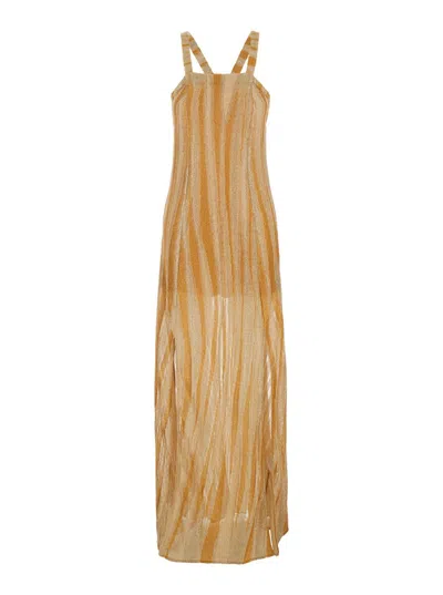 Forte Forte Metallic Long Sleeveless Dress With Square Neck And Criss-crossed Shoulder Straps On The Rear In Tec