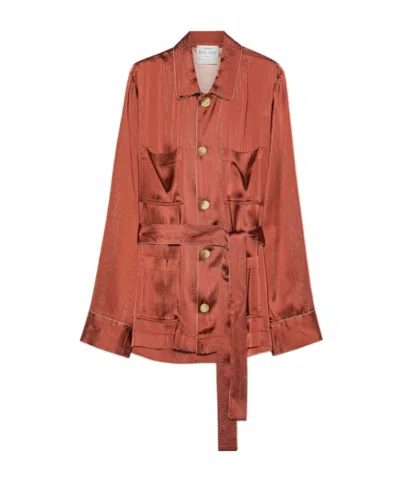 Forte Forte Metallic-striped Belted Jacket In Burgundy