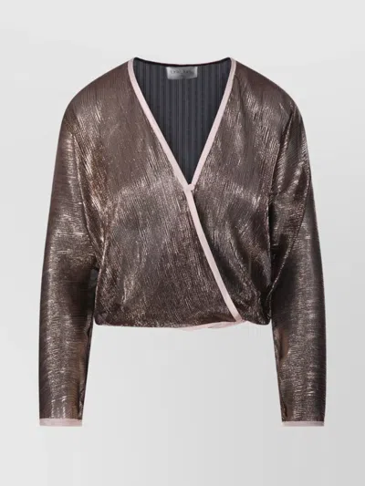 Forte Forte Metallic Wrap V Neck Long Sleeve Top In Brown