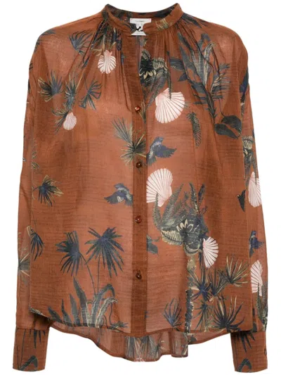 Forte Forte Mix-print Semi-sheer Shirt In Brown