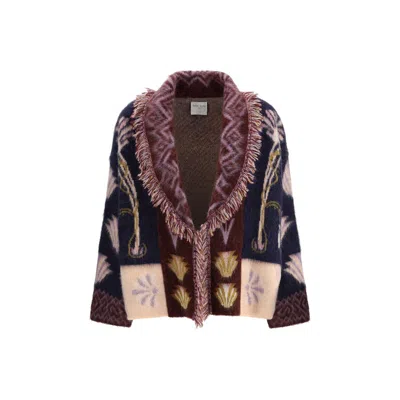 Forte Forte Fringed-trim Geometric-pattern Cardigan In Blue