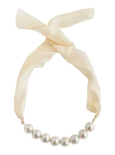 FORTE FORTE WHITE NECKLACE WITH RIBBON CLOSURE AND FAUX-PEAL EMBELLISHMENTS IN FABRIC WOMAN