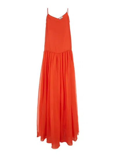 Forte Forte Orange Long Dres With Thin Shoulder Straps And V-neck In Silk Woman